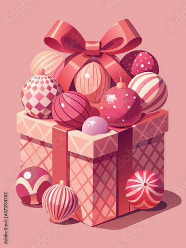 Festive Christmas Ornaments and Gift Box on Pink Background