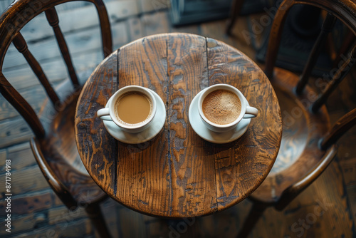 Top view of two coffee cups on a round wooden table, chairs visible in the background. The setting is a cozy cafe interior, adding to its charm with dark wood grain patterns. photo