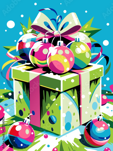 Vibrant Christmas Gift Box and Baubles on Festive Background