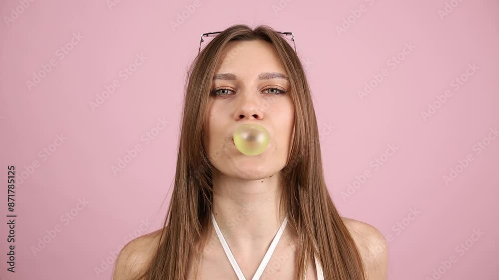 Young Woman Model Blowing Chewing Gum Bubble, Pink Background, Slow Motion. Young Woman Model Blowing Chewing Gum Bubble, Pink Background, Slow Motion.