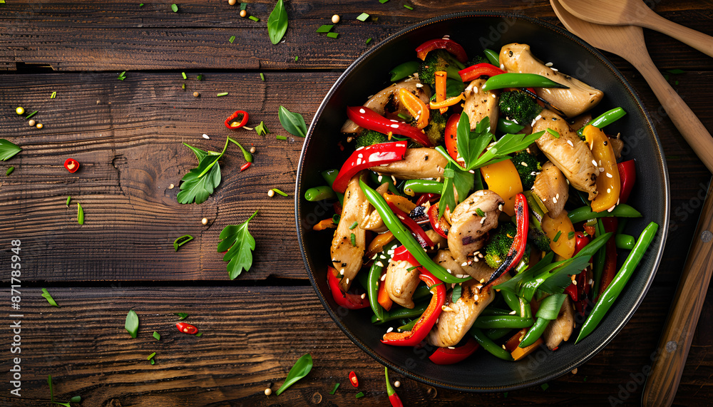 Stir fry chicken, sweet peppers and green beans on wooden table Stir fry chicken, sweet peppers and green beans on wooden table