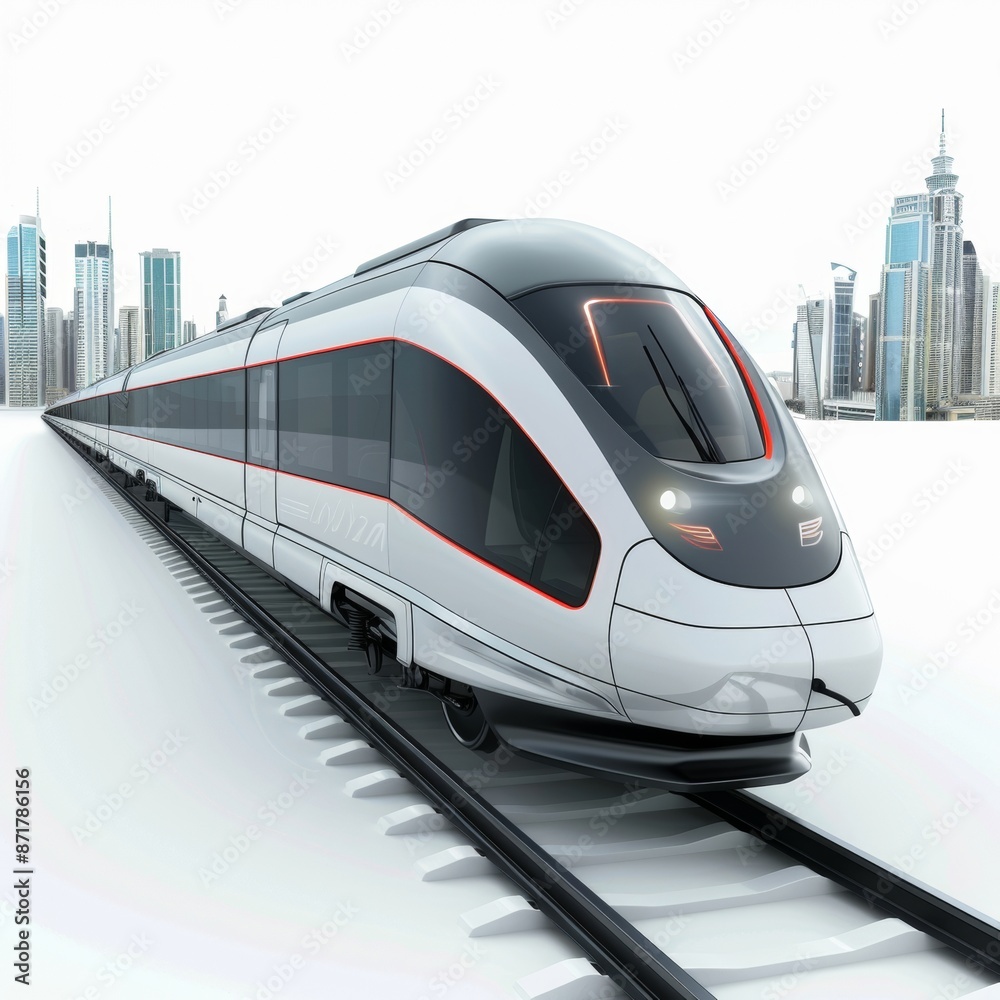 Naklejka premium Futuristic High-Speed Train on Elevated Tracks with Cityscape Background on White - Advanced Transportation Technology Concept