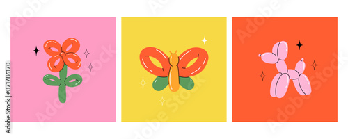 Balloon animals. inflatable dog flower and butterfly. Colorful glossy decorative rubber toy. Birthday celebration party festive y2k decor. Children holidays vector cartoon flat isolated illustration