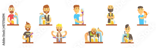 Man Bartender Character Pouring and Serving Alcoholic Drink at Counter Vector Set