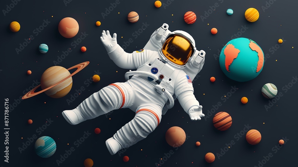 Astronaut floating among planets and comets, infinite cosmos, black background Astronaut floating among planets and comets, infinite cosmos, black background