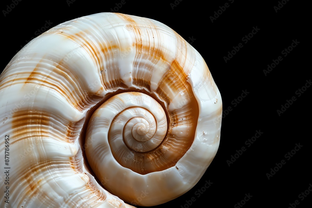 Closeup of a seashell s spiral, natural symmetry, black background Closeup of a seashell s spiral, natural symmetry, black background