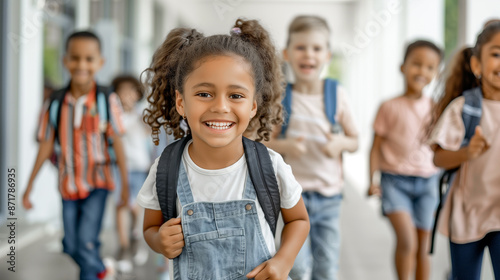 Group of happy multicultural kids with backpacks running and playing at school