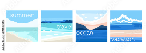 Ocean abstract poster. Sea landscape set, contemporary art print template, Nature backgrounds for social media. Minimal style vacation backdrop, summer seaside beach. Vector flat trendy illustration
