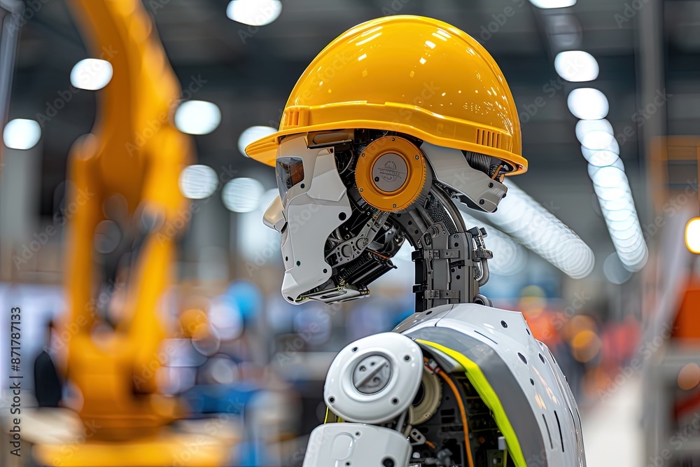 Humanoid worker robot in yellow hard hat working. Humanoid worker robot in yellow hard hat working.