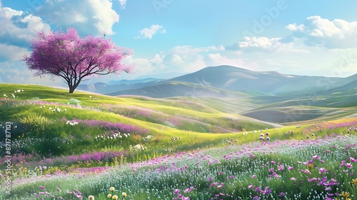 Springtime Meadow with a Solitary Tree photo