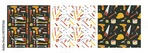 Repair tools pattern. House construction equipment seamless background. Doodle drawing. Building instruments screwdriver saw and hammer. Renovation industry. Vector cartoon flat isolated illustration