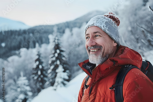 "Winter Wanderlust: Portrait of a Happy Mature Man in Mountain Serenity"