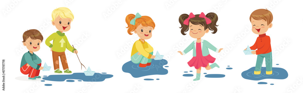 Cute Little Kid Character Splashing in Puddle Vector Set Cute Little Kid Character Splashing in Puddle Vector Set