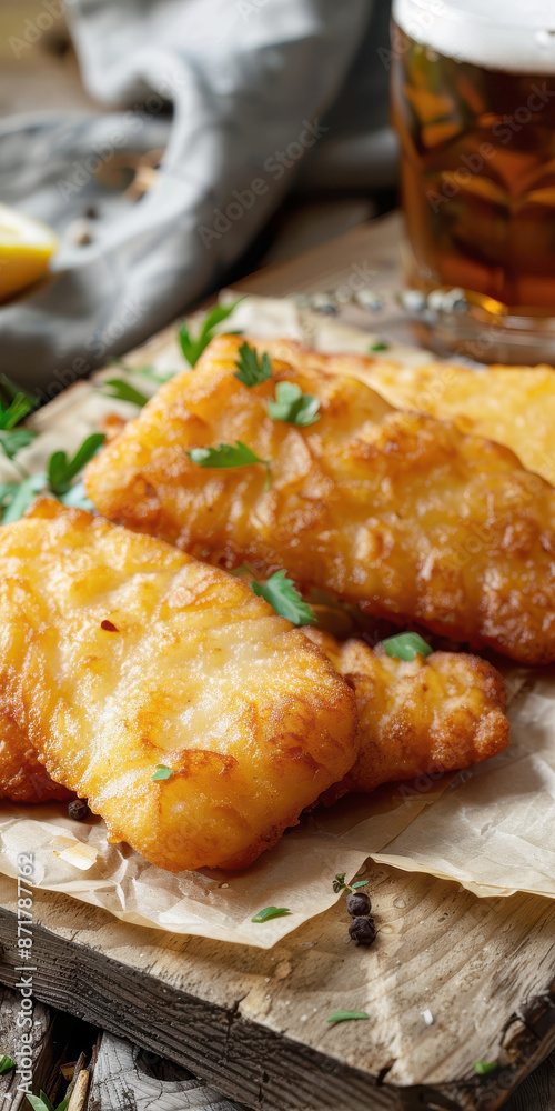 baked fish with chips and beer. AI generative. baked fish with chips and beer. AI generative.