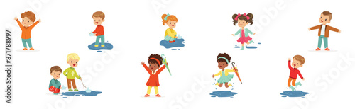 Cute Little Kid Character Splashing in Puddle Vector Set