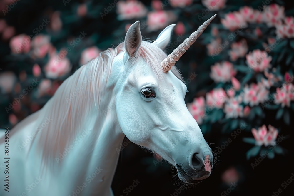 Unicorn in a field of luminescent flowers, magical flora, black background Unicorn in a field of luminescent flowers, magical flora, black background