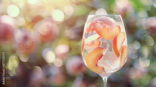  A close-up side view of a low-ABV peach spritz, featuring a glass filled with a light peach-colored drink made with sparkling water, fresh peach slices, and a hint of white wine. photo