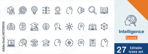 Intelligence related line icon set. Machine learning collection.  Creativity, Mind, brain, Problem-solving, network, smart icons. Editable stroke