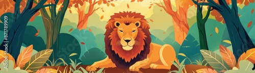 Illustrated lion in a serene autumn forest scene, surrounded by colorful leaves and trees in a tranquil environment. photo