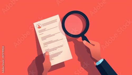 Illustration of a person examining a resume with a magnifying glass, symbolizing job search, recruitment, and detailed scrutiny.