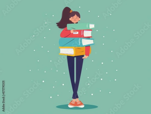 Illustration of a young girl holding a large stack of books. Perfect for educational or academic themes, back to school, and learning concepts. photo