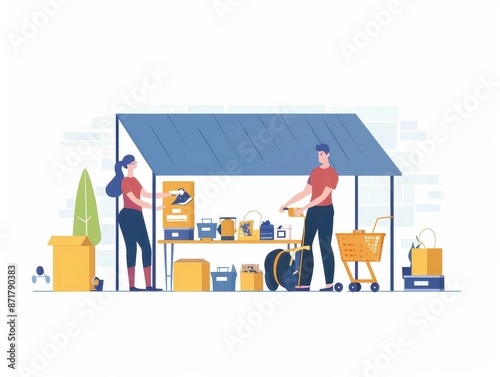 Illustration of two people organizing a garage sale with various items displayed on a table under a shelter.