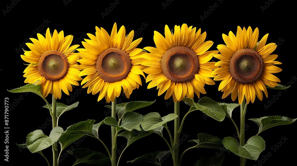 Obraz premium Sunflower field with tall blooms, bright yellow, black background