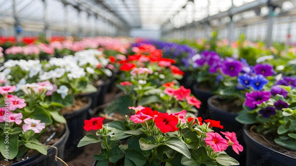 rows of potted petunias in a greenhouse rows of potted petunias in a greenhouse