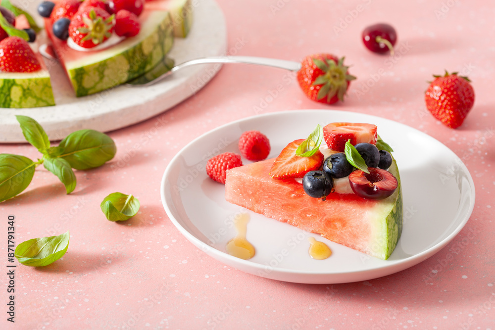 watermelon pizza slices with yogurt and berries, summer dessert watermelon pizza slices with yogurt and berries, summer dessert