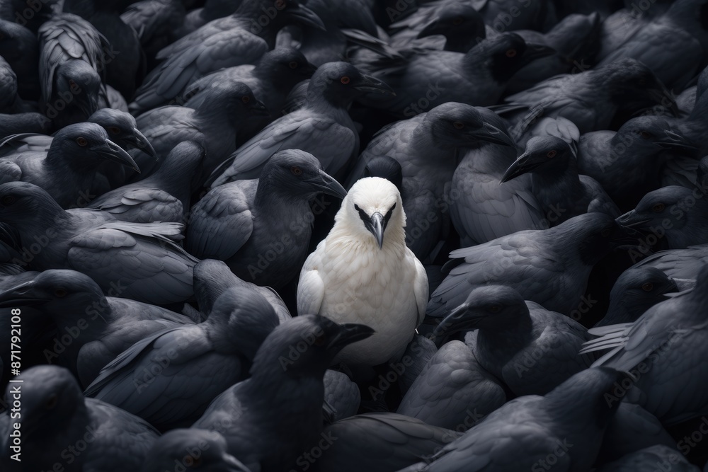 Fototapeta premium Uncommon sight - a white crow in a flock of black crows, illustrating the concept of uniqueness and originality, celebrating individuality and the power of being different in a uniform society.