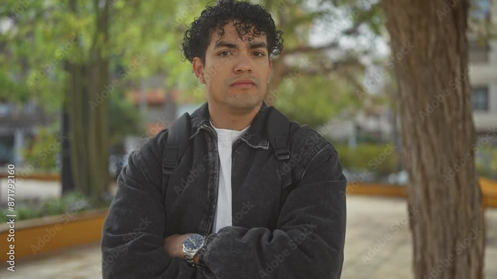 Handsome young hispanic man with curly hair standing arms crossed in an urban park with trees and a street in the background Handsome young hispanic man with curly hair standing arms crossed in an urban park with trees and a street in the background