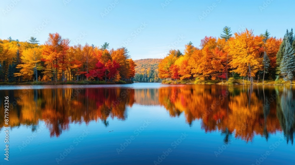 Majestic autumn trees reflected in a calm lake Majestic autumn trees reflected in a calm lake