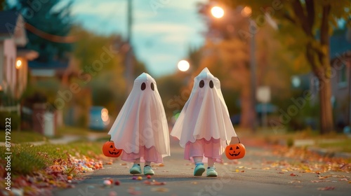 Kids dressed as ghosts and goblins trick-or-treating photo