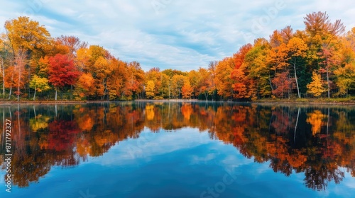 Fototapeta Naklejka Na Ścianę i Meble -  Majestic autumn trees reflected in a calm lake