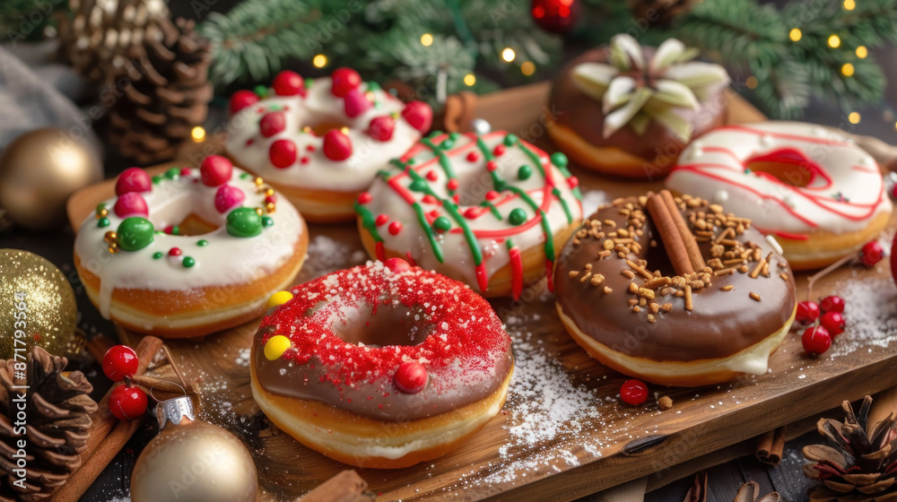 Decorated holiday donuts with festive toppings on a tray Decorated holiday donuts with festive toppings on a tray