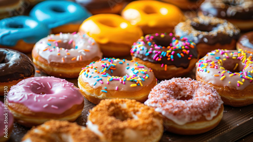Create 40 Midjourney prompts for stock photo relate donuts with 100-250 characters no. and ending with © NooPaew