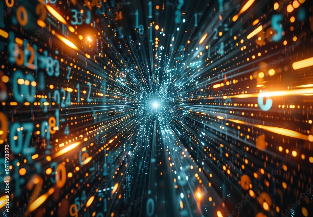 Naklejka premium A background of digital numbers and code moving at high speed, representing the AI era's horizon for fast data transfer.