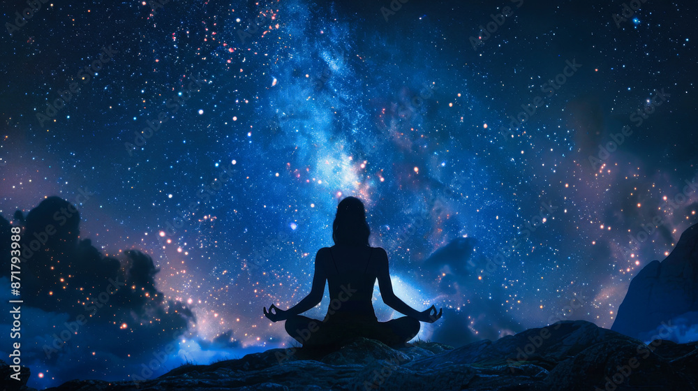 A silhouette of a woman in lotus position meditating with a glowing aura around her, against the backdrop of a night sky full of stars and galaxies A silhouette of a woman in lotus position meditating with a glowing aura around her, against the backdrop of a night sky full of stars and galaxies