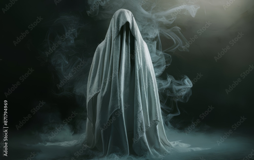 A ghostly figure draped in a white sheet stands amidst swirling smoke in a dark, eerie setting, evoking a chilling Halloween atmosphere.
A ghostly figure draped in a white sheet stands amidst swirling smoke in a dark, eerie setting, evoking a chilling Halloween atmosphere.