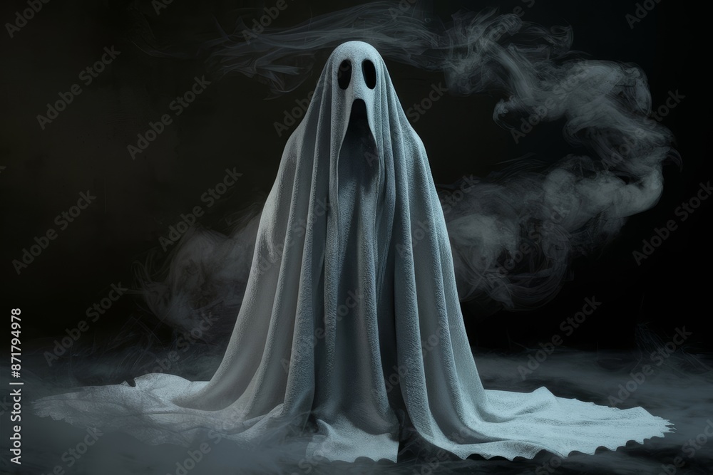 A ghostly figure draped in a glowing white sheet stands amidst swirling smoke in a dark, eerie setting, perfect for Halloween.
A ghostly figure draped in a glowing white sheet stands amidst swirling smoke in a dark, eerie setting, perfect for Halloween.