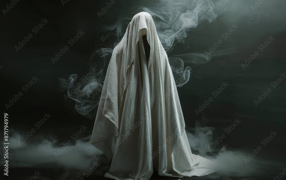 A ghostly figure draped in a glowing white sheet stands amidst swirling smoke in a dark, eerie setting, perfect for Halloween.
A ghostly figure draped in a glowing white sheet stands amidst swirling smoke in a dark, eerie setting, perfect for Halloween.