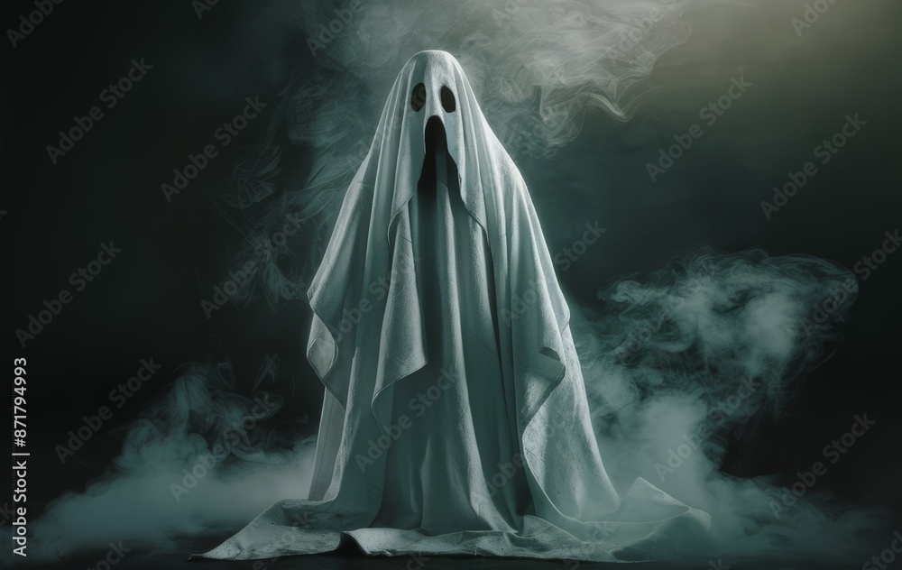 A ghostly figure draped in a glowing white sheet stands amidst swirling smoke in a dark, eerie setting, perfect for Halloween.
A ghostly figure draped in a glowing white sheet stands amidst swirling smoke in a dark, eerie setting, perfect for Halloween.