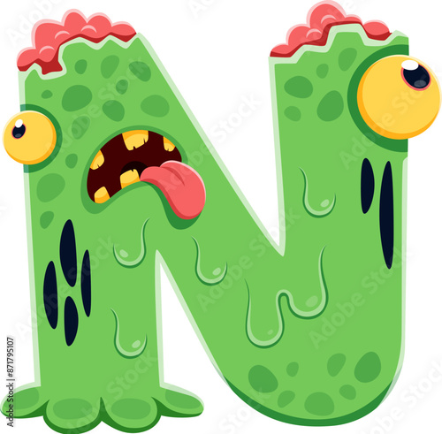 Halloween font, letter N as cartoon zombie slime character for horror alphabet, vector ABC. Halloween holiday font type or kids spooky typeface of letter N as zombie monster with brain for typography