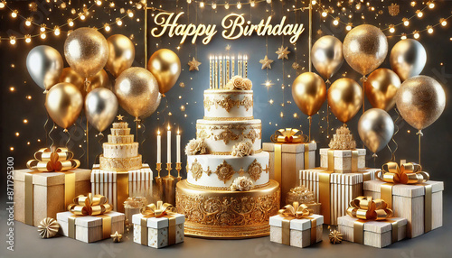 Colorful balloons and festive cards adorn the lively background, setting the stage for a joyous birthday celebration.