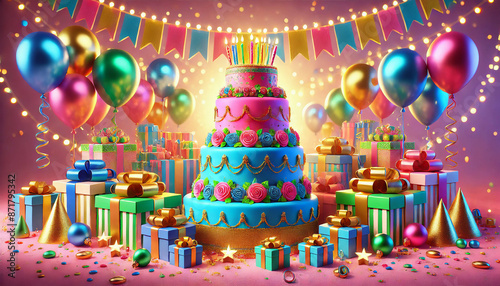 A lively celebration theme revolves around birthdays, with a vibrant background filled with colorful balloons and decorative cards.