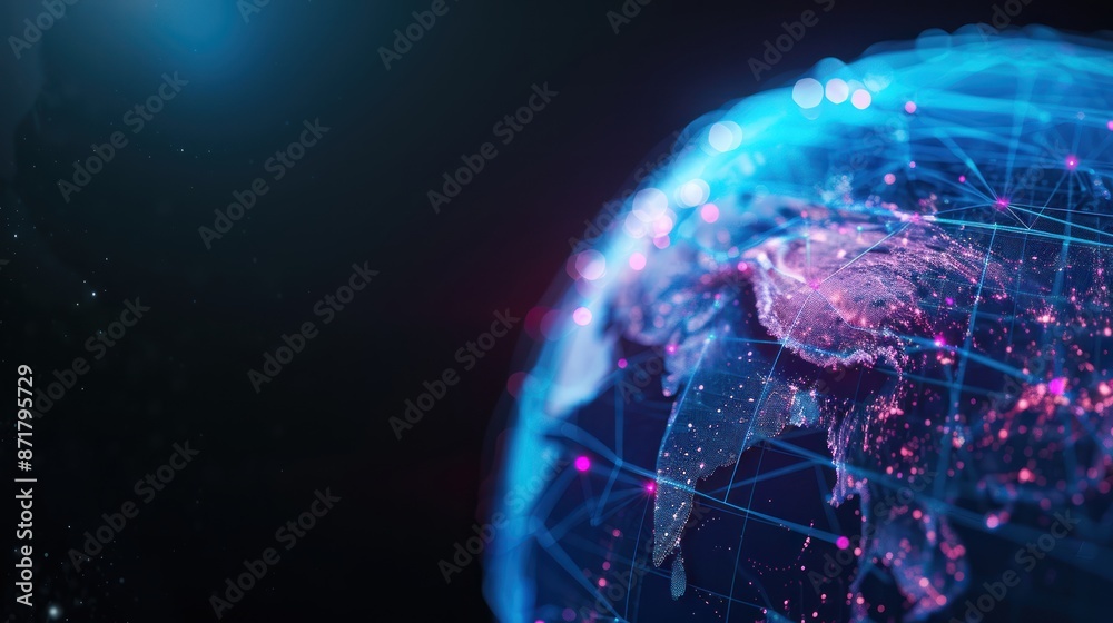 Globe with colorful digital grid lines showing global connectivity selective focus, modern communication, ethereal, double exposure, cyber space