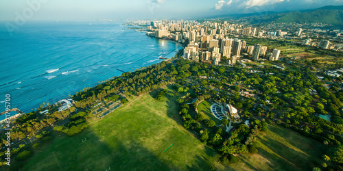 Aerial view of Kap Park with Waikiki Beach and skyline, Honolulu, Hawaii. photo