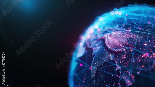 Obraz na płótnie Globe with colorful digital grid lines showing global connectivity selective focus, modern communication, ethereal, double exposure, cyber space w salonie