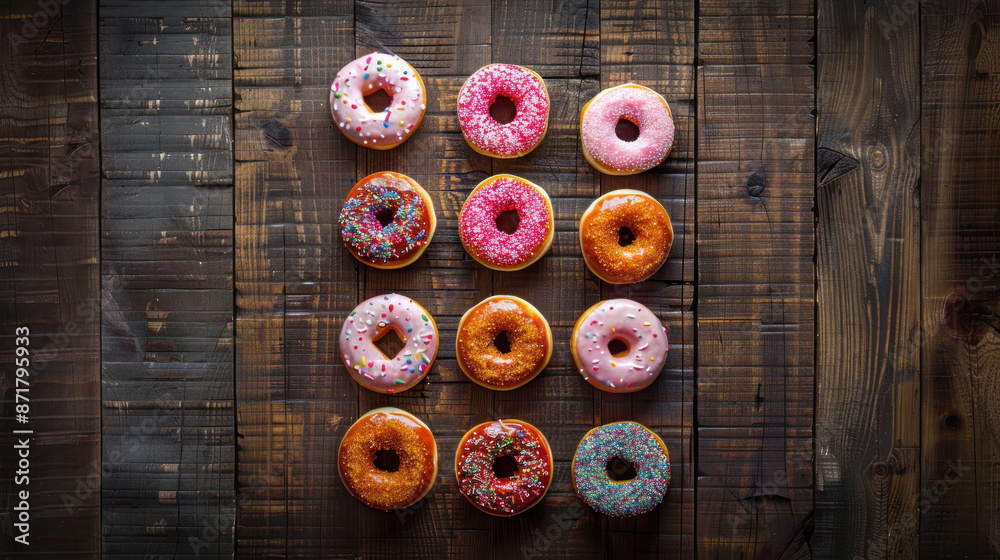 Fototapeta premium Donuts arranged in a circle on a rustic wooden background