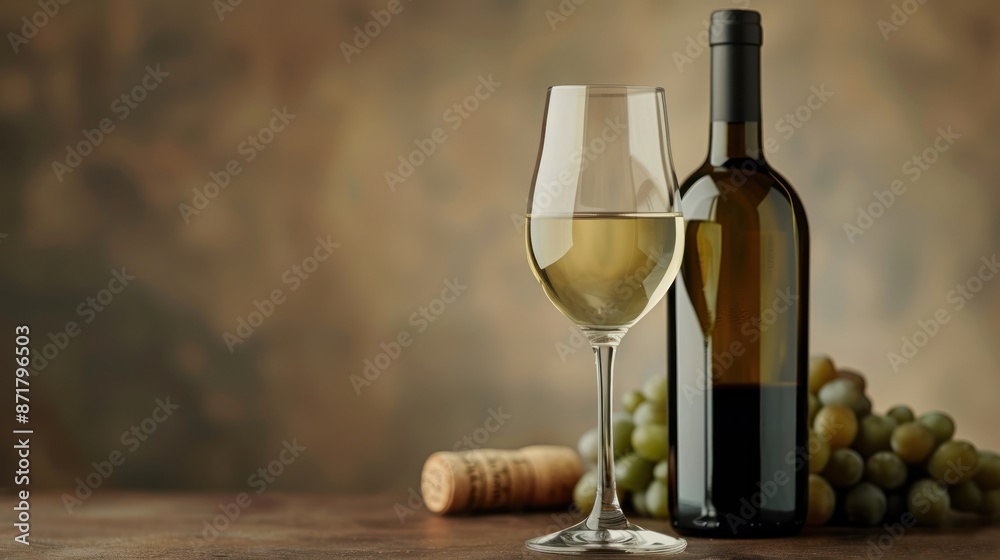Obraz premium Filled glass and bottle of white wine, minimalist background focus on clarity, vibrant, overlay, simple design